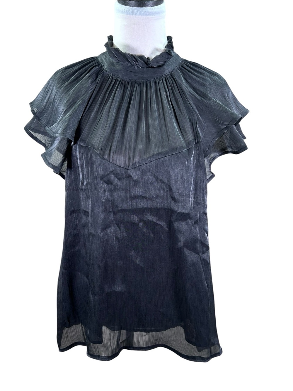 Blu Pepper Black Pleated Blouse L NWT Ruffle Mock Neck Flutter Sleeve Victorian